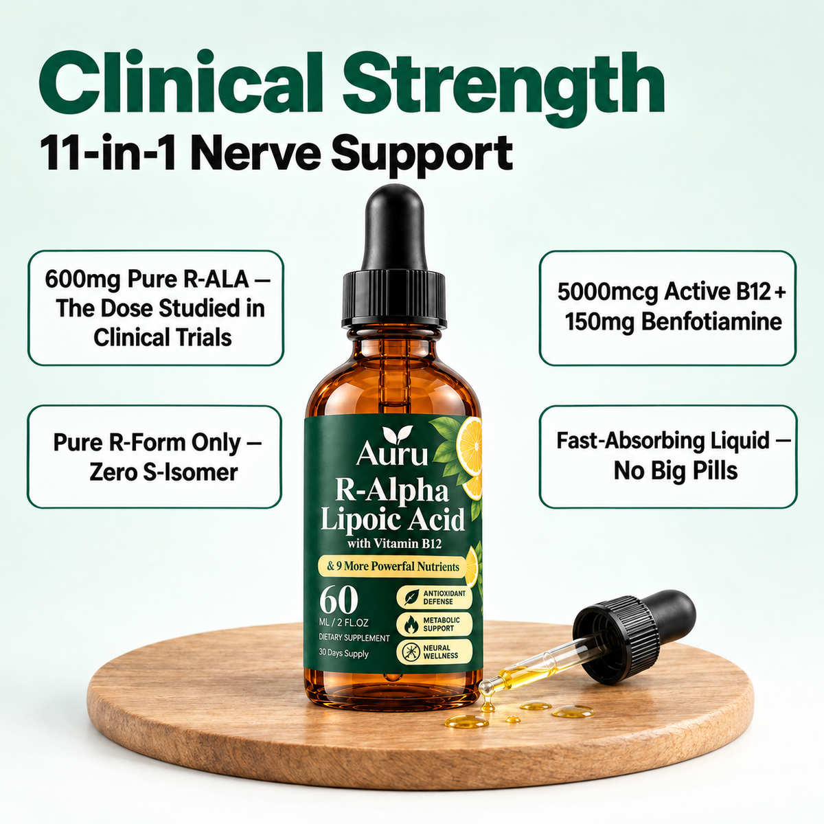 Auru 11-in-1 Nerve Support Drops | R-Alpha Lipoic Acid With Vitamin B12
